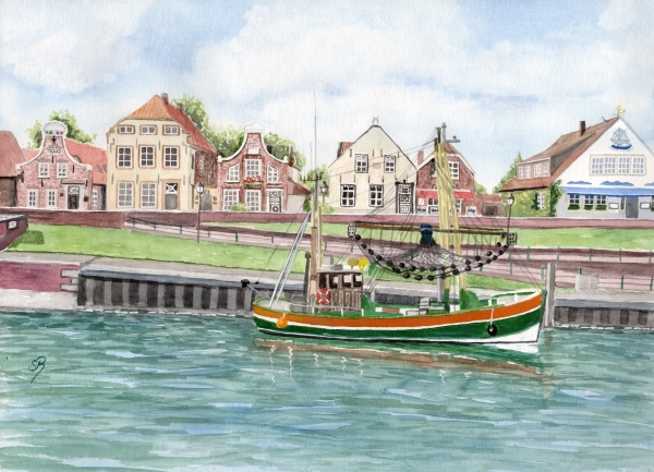 Poster DIN-A3  Watercolor Maritime Art Print North Sea East Friesland Greetsiel Harbour